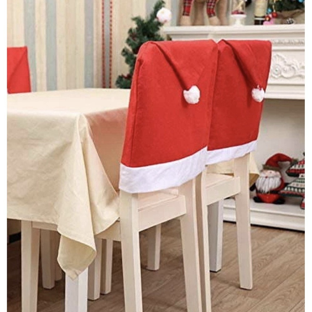 4pc Holiday Christmas Dining Chair Back Covers, Santa Hat Festive Decorations